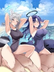 2boys 2girls abydos_high_school_student alternate_costume animal_ear_fluff animal_ears armpits arms_behind_head arms_up beach black_one-piece_swimsuit blue_archive blue_eyes blue_halo blue_sky blush breasts censored clothed_female_nude_male clothed_sex clothing_aside cloud competition_swimsuit covered_navel cowgirl_position cross cross_hair_ornament day extra_ears foreclosure_task_force_(blue_archive) group_sex hair_ornament halo highleg highleg_swimsuit highres inverted_cross large_breasts looking_at_viewer low_ponytail millennium_science_school_student mismatched_pupils moni_pai multicolored_clothes multicolored_swimsuit multiple_boys multiple_girls nude ocean official_alternate_costume one-piece_swimsuit open_mouth orgy outdoors penis pussy reverse_cowgirl_position school_swimsuit seminar_(blue_archive) sex sex_from_behind shiroko_(blue_archive) shiroko_(swimsuit)_(blue_archive) sky spread_legs squatting_cowgirl_position straddling straight swimsuit thighs two-tone_swimsuit vaginal_penetration water wolf_ears yuuka_(blue_archive)