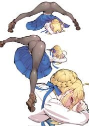 1girls ahoge artoria_pendragon ass_up blonde_hair blue_skirt blush covering_face ear_blush embarrassed fate/grand_order fate/stay_night fate_(series) female female_only green_eyes heavy_blush jack-o_pose legs legwear light-skinned_female little_mojoi looking_at_viewer looking_back no_panties pantyhose saber shirt shoes skirt skirt_down solo spread_legs tagme tiptoes uniform white_background white_shirt