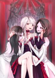 black_hair breast_sucking breasts crossed_legs dress looking_at_viewer open_mouth overlord_(maruyama) pale_skin pink_skin red_eyes shalltear_bloodfallen sitting sitting_on_throne tagme throne vampire vampire_bride_(overlord) vchan waifu2x white_dress white_hair yuri