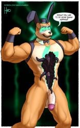 anthro balls bunny_costume clothing costume dialogue dialogue_box five_nights_at_freddy's five_nights_at_freddy's:_security_breach flexing flexing_bicep flexing_both_biceps flexing_muscles freddy_(fnaf) genitals glamrock_freddy_(fnaf) glowing glowing_eyes hi_res leaking_penis male male_only matthew-x muscular muscular_anthro muscular_male parasite penis scottgames speech_bubble steel_wool_studios symbiote symbiotic tentacle tentacle_monster vein veiny_penis