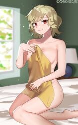 1girls barefoot blonde_hair breasts chocojax citrinne_(fire_emblem) commentary_request completely_nude covering female female_only fire_emblem fire_emblem_engage highres indoors looking_at_viewer medium_breasts nail_polish naked_sheet nintendo nude nude_female red_eyes red_nails royalty short_hair smile solo teenage_girl teenager thighs