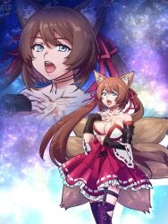 bare_shoulders blue_eyes brown_hair caleen_keemosn choker cleavage commission detached_sleeves eyebrows_visible_through_hair female female_only fox_ear fox_girl fox_tail garter garter_belt garter_straps hair_ribbon hand_on_chest huge_breasts kemonomimi kitsunemimi looking_at_viewer miko multiple_tails multiple_views n_hyr open_mouth runes safe_for_work singing star_ocean star_ocean_anamnesis stars thighhighs twintails very_long_hair wholesome