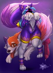 absurd_res anthro bodily_fluids bovid breasts canid canine canis caprine cats_versus_dogs_series clothing costume domestic_dog duo female feral genital_fluids genitals hi_res kindred knot lactating lactation lamb_(league_of_legends) league_of_legends looking_at_viewer male mammal milk mn_xenx nipples penis precum projectile_lactation riot_games sheep wolf_(league_of_legends) woof_and_lamb_kindred