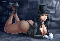 artist_logo big_ass black_hair black_hat black_heels blue_eyes breasts cleavage dc dc_comics deviantart_username female female_only flowerxl large_ass large_breasts long_hair looking_at_viewer lying lying_on_stomach magical_girl pale-skinned_female pantyhose ribbon side_view solo_focus tagme white_gloves zatanna