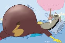 bed belly big_belly brown_body chocolate chocolate_milk cloud discord_(mlp) draconequus friendship_is_magic horn horns inflated_belly inflation my_little_pony necrofeline open_mouth pillow straight_hair stuffing