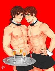 2boys abs adonis_belt alcohol alcoholic_drink antonio_fernandez_carriedo athletic athletic_male axis_powers_hetalia detached_collar detached_cuffs fit fit_male gay half-dressed hands_on_hips male male/male male_only miniskirt multiple_boys muscular muscular_male nipples ponytail portugal_(hetalia) spain_(hetalia) vuri waiter waiter_tray yaoi