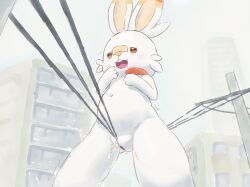 3_fingers anthro apluss bodily_fluids buckteeth chubby_female city dynamax female fingers fur generation_8_pokemon happy hi_res masturbation navel nintendo open_mouth orange_eyes pokemon pokemon_(species) scorbunny shaking solo tears teeth trembling vaginal_masturbation vaginal_penetration white_body white_fur wire