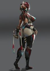 1girls areolae ass breasts bremonqueen graxx holding_object large_ass large_breasts looking_back nipples puffy_areola puffy_nipples simple_background thighs valkyr_(warframe) warframe