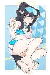 black_hair blue_archive dog_ears feet female hibiki_(blue_archive) hibiki_(cheerleader)_(blue_archive) looking_at_viewer nervous softhanten thick_thighs