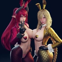 2girls 3d ahoge alternate_hairstyle animated big_breasts blonde_hair braid braided_hair breasts bunny_ears bunny_tail bunnysuit circlet crotchless demon demon_girl demon_horns elden_ring eyeglasses female female_only fromsoftware gloves glowing_eyes hair_over_one_eye hi_res highres latex long_hair mp4 navel necktie no_sound pasties peace_sign pointy_ears ponytail pubic_tattoo queen_marika_the_eternal red_eyes red_hair reverse_bunnysuit ryanreos sinia smile stockings succubus tagme tattoo turntable_(animation) unusual_pupils video yellow_eyes