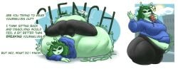 3_fingers alien alien_girl ambiguous_gender ambiguous_prey antennae ass bbw big_belly big_butt black_eyes blue_hoodie bubble_butt chubby_female digested digested_prey digestion drinking fat female_only female_pred green_hair green_skin hyper_belly jack-o_pose laying_on_belly looking_at_viewer mass_vore post_digestion sloshing_belly ssbbw thick_ass thick_thighs thighs vore waving_at_viewer