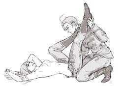 1boy1girl austria_(hetalia) axis_powers_hetalia boots canon_couple couple elizaveta_hedervary female historical history hungary_(hetalia) hussar hussar_uniform imminent_sex male male/female medium_breasts military military_uniform on_back roderich_edelstein straight topless undressing uniforms vuri