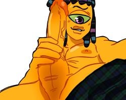 1boy darrkstarr gay holding_penis long_hair male male_only murch nipples one_eye pecs penis sea_urchin selfie smirk splatoon splatoon_3 underwear yaoi