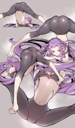 1girls :) ass_up barefoot belly fate/stay_night fate_(series) female female_only jack-o_pose jackochallenge light-skinned_female little_mojoi long_hair medusa_(fate) navel purple_hair seductive smile solo stomach tagme tiptoes underboob yoga_pants