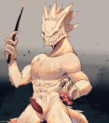 12f abs arknights drakonika123 lizard muscular_male naked scalie solo solo_male wand