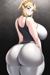 ai_generated ass_focus blonde_hair blue_eyes curvaceous curvy curvy_figure gigantic_ass grey_leggings grey_tank_top huge_ass leggings looking_at_viewer looking_back nai_diffusion princess_zelda seductive_smile shiny_clothes shiny_hair shiny_skin stable_diffusion tank_top the_legend_of_zelda thick_thighs thunder_thighs voluptuous wide_hips