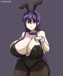 1girls 2023 alternate_version_available big_breasts black_eyes breasts bunny_ears bunnysuit cleavage doki_doki_literature_club female female_only hands_above_breasts large_breasts long_hair purple_hair smile solo solo_female woomler yuri_(doki_doki_literature_club)