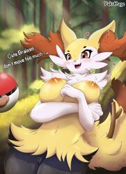 anthro areola big_breasts braixen breasts emoji female fingers forest forest_background fur generation_6_pokemon genitals grey_body grey_fur hi_res nature nature_background nintendo nipples orange_areola orange_nipples plant pokeball pokemon pokemon_(species) pussy red_body red_eyes red_fur smile solo stick text tree white_body white_fur yakukage yellow_body yellow_fur