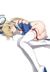 absurdres animal_ears arms_behind_back blonde_hair blue_archive blue_eyes bondage bound bound_arms bound_legs bow bowtie breasts bunnysuit female female_only femsub fully_clothed high_heels highres kinbaku kinbakuman leotard long_hair looking_at_viewer lying medium_breasts on_side playboy_bunny rabbit_ears rope rope_bondage sex_toy shiba*ri shibari shibari_over_clothes simple_background skimpy skimpy_clothes solo solo_female stockings thighhighs toki_(blue_archive) toki_(bunny)_(blue_archive) vibrator white_background