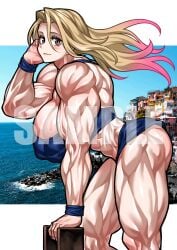 amazonian bent_over biceps big_breasts bikini blonde_hair detailed_background gradient_hair huge_breasts long_hair looking_at_viewer midriff muscular muscular_female muscular_thighs original pale-skinned_female swimsuit thick_thighs two_piece_swimsuit yuto_noirm08