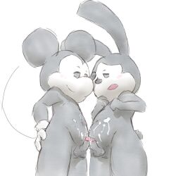 anthro apluss balls blush bodily_fluids clothing cum cum_on_belly cum_on_body disney duo ejaculation embarrassed erection frottage genital_fluids genitals gloves gloves_only half-closed_eyes handwear handwear_only happy lagomorph leporid male male/male mammal mickey_mouse mostly_nude mouse murid murine narrowed_eyes nude nude_male open_mouth oswald_the_lucky_rabbit penis rabbit rodent sex tail view_from_below white_background