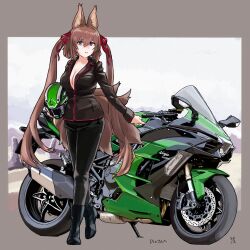 1girls blue_eyes boots brown_hair caleen_keemosn cleavage commission eyebrows_visible_through_hair fox_ear fox_girl fox_tail hair_ribbon kawasaki kawasaki_ninja_h2_sx_se kemonomimi kitsunemimi looking_at_viewer motorcycle motorcycle_helmet motorcycle_suit multiple_tails nude_underneath runes safe safe_for_work sfw signature star_ocean star_ocean_anamnesis tri_north_yokel twintails very_long_hair wholesome zipper_down