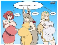 3girls big_belly blonde_hair blush canon_polyamory canon_pregnancy cat_ears clothed dialogue english_text female female_only green_hair harem large_breasts long_hair looking_at_viewer medium_breasts mythra nia nintendo pregnancy_cravings pregnant pregnant_female pyra red_hair rex_(xenoblade) short_hair text text_bubble tsukiji xenoblade_(series) xenoblade_chronicles_2