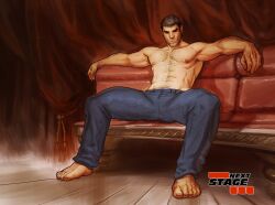 1boy bara barefoot hairy hairy_chest male male_only muscular pants shirtless silencio sitting spread_legs