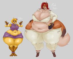 2girls animatronic anthro canid canine chica_(fnaf) chubby chubby_female cleavage duo erish_(ujanskiy) female five_nights_at_freddy's fox furry larger_female mammal obese original original_characters overweight overweight_anthro overweight_female size_difference thick_thighs ujanskiy yolk_(ujanskiy)