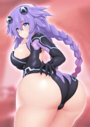 1girls ass_focus big_ass big_breasts blue_eyes cleavage clothed cpu_(neptunia) female_only from_behind goddess hand_on_ass katade light-skinned_female long_hair looking_at_viewer looking_back neptune_(neptunia) neptunia_(series) purple_hair purple_heart_(neptunia) round_ass smile solo thick_thighs twin_braids