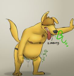 anthro artrogero_(artist) belly big_belly bodily_fluids burping canid canine canis clothing deli_(delirost) digestion domestic_dog genital_fluids jockstrap male male_pred mammal oral_vore precum precum_through_clothing sagging_stomach simple_background solo underwear vore wet wet_clothing