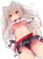 :o ? animal_ears archway_of_venus areolae azur_lane belt black_panties black_skirt black_underwear breasts cameltoe clothing crop_top crop_top_overhang curvaceous erect_nipples erect_nipples_under_clothes eyebrows fake_animal_ears female female_only gluteal_fold hand_on_hip high_resolution kedama_milk long_hair looking_at_viewer medium_breasts microskirt midriff nail_polish navel nipples no_bra oerba_yun_fang panchira panchira_(standing) pantsu red_belt red_eyes shiny shiny_skin silver_hair simple_background skirt solo standing stomach stuffed_animal stuffed_dog stuffed_toy tattoo thick_eyebrows two_side_up underboob underwear upskirt very_long_hair viewed_from_below white_background white_hair yuudachi_(azur_lane)