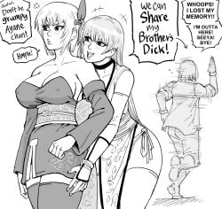 1boy 2girls ayane_(doa) bb_(baalbuddy) brother_and_sister dead_or_alive dialogue english_text female funny hayate_(doa) imminent_incest implied_yuri kasumi_(doa) male monochrome siblings speech_bubble tagme very_high_resolution white_background