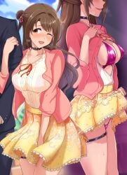 1boy ;d absurdres areola_slip black_choker blue_sky blush breasts brown_hair cardigan choker cloud covered_nipples discreet_vibrator drooling female heart heart_choker highres idolmaster idolmaster_cinderella_girls large_breasts locked_arms long_hair netorare one_eye_closed open_clothes open_mouth open_shirt pink_cardigan red_ribbon ribbon saliva shimamura_uzuki shirt skirt sky smile standing thighlet twogie vibrator_in_pussy white_shirt yellow_skirt