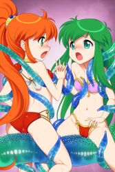 2girls armor ass ayanokouji_rem bare_shoulders between_thighs bikini bikini_armor blush breasts cameltoe caron_(rall) commission commissioner_upload consensual_tentacles crossover dream_hunter_rem eye_contact face-to-face frottage fugetsu_taku green_eyes green_hair groin holding_hands kneepits long_hair looking_at_another moaning multiple_girls navel open_mouth orange_hair pink_bikini ponytail red_bikini restrained sf_choujigen_densetsu_rall skeb_commission small_breasts spread_legs straddling swimsuit tentacle thighs trait_connection very_long_hair