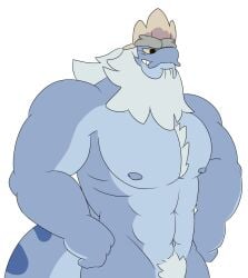 amphibia amphibian anthro beard blue_body blue_skin crown facial_hair hotkururi king_andrias_leviathan male male_only muscles muscular newt nude pubic_hair solo solo_male straight_hair tail white_hair