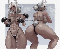 1girls abs aelion_draws alternate_version_available ass breasts dark-skinned_female dark_skin dialogue english_text female huge_ass huge_breasts lipstick long_hair milf miruko muscular muscular_female my_hero_academia panties pasties pubic_hair_peek rabbit_ears rabbit_tail red_eyes rumi_usagiyama sportswear sweat sweaty_body thick_thighs tied_hair white_hair x_pasties