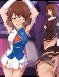 1boy armpits arms_up ass_grab black_panties blank_eyes blush brown_hair buttons faceless faceless_male female fingering gloves hand_on_another's_thigh hand_on_another's_waist hibike!_euphonium highres licking licking_armpit marching_band_uniform nose_blush open_mouth oumae_kumiko panties pussy_juice sailor saliva school_uniform serafuku skirt sleeveless smile straight sweat translation_request twogie underwear white_gloves white_skirt yellow_eyes