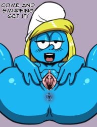 1girls anus anus_peek asking_for_it blonde_female blonde_hair blue_body blue_skin blush darkeros13 english english_text female humanoid looking_at_viewer presenting presenting_pussy pussy smurf smurfette smurfs spread_legs spread_pussy spreading the_smurfs thedarkeros