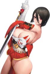 absurd_res areola_slip bandages black_hair bob_cut breast_hold breasts cleavage detached_sleeves fox_mask highres jam_(nandade) japanese_clothes kunoichi_kaen large_breasts last_origin looking_at_viewer mask red_eyes revealing_clothes sash short_hair sideboob solo sword weapon