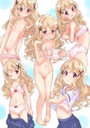 :d :o ;) absurdres blonde_hair blue_skirt blush bow bow_bra bow_panties bra breasts cleft_of_venus closed_mouth clothes_lift clothes_pull commentary_request commission female hair_ornament high_school_fleet highres holding holding_clothes holding_panties holding_underwear lifted_by_self long_hair multiple_views navel nipples nose_blush nude nyama one_eye_closed panties panties_removed panty_pull parted_lips pee_stain pixiv_commission pleated_skirt presenting_panties pulled_by_self purple_eyes pussy sailor_collar shirt shirt_lift short_sleeves skirt skirt_pull small_breasts smile stained_panties uda_megumi uncensored underwear undressing very_long_hair wavy_hair white_bra white_panties white_sailor_collar white_shirt x_hair_ornament