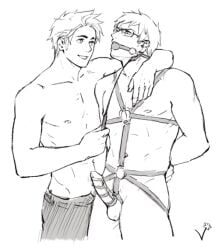 2boys arm_around_shoulders arms_behind_back axis_powers_hetalia ball_gag bondage bound bound_arms bound_penis cock_ring crop denmark_(hetalia) dominant dominant_male domination erection exposed_penis gag gagged gay glasses half-dressed harness helpless imminent_sex male male/male male_focus male_only maledom malesub naked nipples o-ring pants restrained riding_crop submission submissive_male sweden_(hetalia) topless vuri yaoi