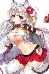 _legwear animal_ears anthropomorphization armpit_peek armpits azur_lane bangs blush breasts budget_sarashi cape cleavage clothing collar dog_tail eyebrows eyebrows_visible_through_hair female female_only flower food front_seam gijang grey_hair hair_flower hair_ornament inumimi large_breasts leg_up legwear long_hair looking_at_viewer meat miniskirt mouth_hold nail_polish navel pantsu red_eyes red_skirt sarashi seamed_legwear shiny shiny_skin side-tie_panties skirt solo sparkle spiked_collar spikes sweat sweatdrop tail tattoo thick_eyebrows thighhighs thighs underboob underwear very_long_hair white_legwear white_panties white_underwear yuudachi_(azur_lane) yuudachi_(shogun_of_snowballs)_(azur_lane) zettai_ryouiki