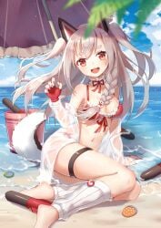 :d animal_ears arm_support azur_lane bangs barefoot beach beach_umbrella bent_knees bikini bikini_top_only blue_nails blue_sky blurry blurry_foreground blush bow braid breasts bucket claw_pose cleavage clothing cloud cloudy_sky day depth_of_field eyebrows feet female female fingerless_gloves fingernails frilled_bikini frilled_bikini_top frilled_swimsuit frills front-tie_top gloves grey_hair high_resolution horizon jacket leg_warmers long_fingernails long_hair looking_at_viewer medium_breasts multicolored multicolored_nail_polish multicolored_nails nail_polish navel ocean off_shoulder open-mouth_smile open_mouth outdoors photoshop_(medium) pink_nails purple_nails red_bikini red_bow red_eyes red_gloves red_swimsuit ribbon-trimmed_bikini ribbon-trimmed_gloves ribbon_trim see-through sitting sky smile solo swimsuit tail teeth thick_eyebrows tied_hair torpedo two_side_up umbrella upper_teeth upper_teeth_only very_high_resolution very_long_hair yokozuwari yuhuan yuudachi_(azur_lane)