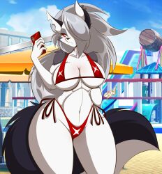 1girls 2020s 2023 2d anthro big_breasts bikini breasts canine cleavage female female_only fur furry helluva_boss hi_res loona_(helluva_boss) mastergodai phone red_bikini solo swimsuit tagme thick_thighs very_high_resolution water_park white_fur wide_hips wolf wolf_ears wolf_girl wolf_tail