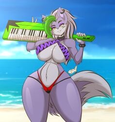 1girls 2020s 2023 animatronic anthro beach big_breasts bikini breasts canine cleavage curvy curvy_female female female_only five_nights_at_freddy's five_nights_at_freddy's:_security_breach furry keytar looking_at_viewer mastergodai roxanne_wolf_(fnaf) solo swimsuit tagme thick_thighs wide_hips wolf wolf_girl