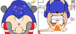 anthro anus ass balls bedroom big_butt blue_body blue_fur blush breasts caught chao_(sonic) clothing cream_the_rabbit duo eulipotyphlan female footwear from_front_position front_view fur genitals half-closed_eyes heart hedgehog hi_res kiss_mark kissing lagomorph leporid lil_scooter56 male mammal masturbation mating_press mature_female narrowed_eyes nipples penetration penis photo pussy rabbit rear_view sega sex sexual_fluids shoes smile sonic_(series) sonic_adventure sonic_the_hedgehog sonic_the_hedgehog_(series) tan_body tan_fur vaginal_penetration vanilla_the_rabbit young