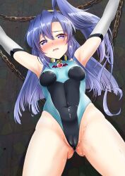 absurdres armpits arms_up ass_visible_through_thighs blue_eyes blue_hair blush breasts cameltoe chains covered_nipples elbow_gloves female gloves highres kazanari_tsubasa koju511 long_hair nose_blush open_mouth ponytail pussy_juice restrained senki_zesshou_symphogear skin_tight solo