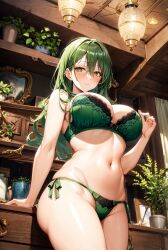 1girls ai_generated bra curvaceous curvy_body curvy_female female_focus female_only green_eyes green_hair green_lingerie hi_res huge_breasts lingerie long_hair mature_female mommy solo_female stable_diffusion thong voluptuous voluptuous_female