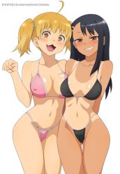 2d 2girls alternate_version_available animanghayodraw big_breasts blonde_hair blush breasts cleavage curvy earrings female female_focus female_only hayase_nagatoro high_resolution long_hair looking_at_viewer medium_hair multiple_girls navel nipples open_mouth please_don't_bully_me,_nagatoro pose simple_background smile tan tan_skin tanline tanned teenager teeth twintails white_background wide_hips yoshi_(nagatoro)